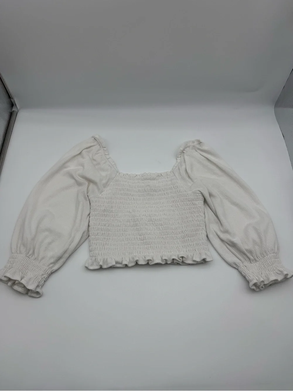 Free People White Smocked Puff Sleeve Crop Top